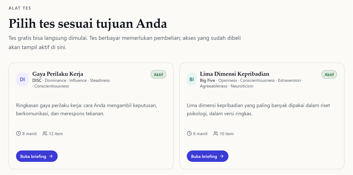 Daftar alat tes di dalam aplikasi dengan kartu DISC, Big Five, Holland SDS, dan GAD-7 beserta label harga.