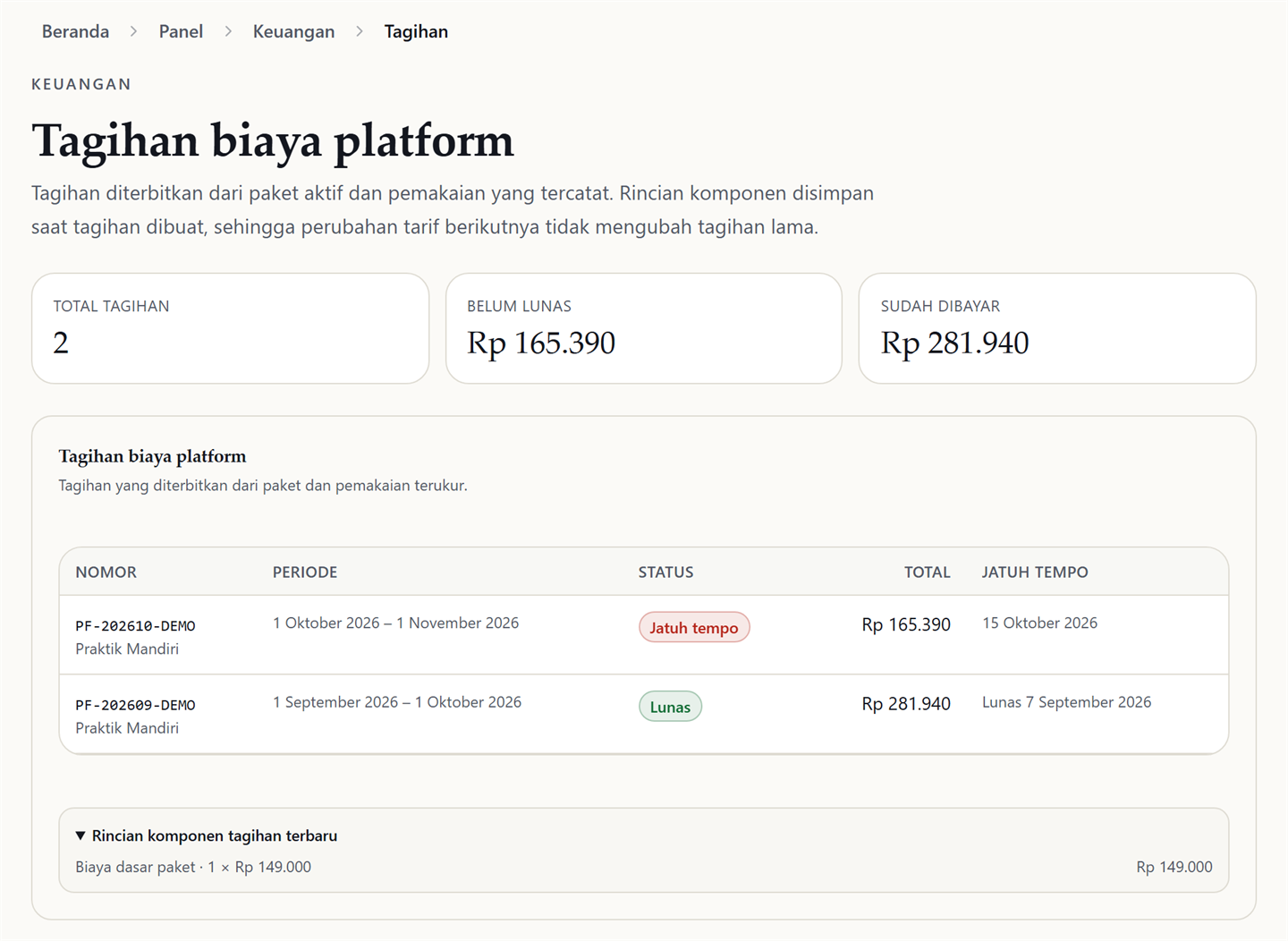 Halaman tagihan dengan daftar nomor tagihan, periode, total, status, dan tombol tindakan.