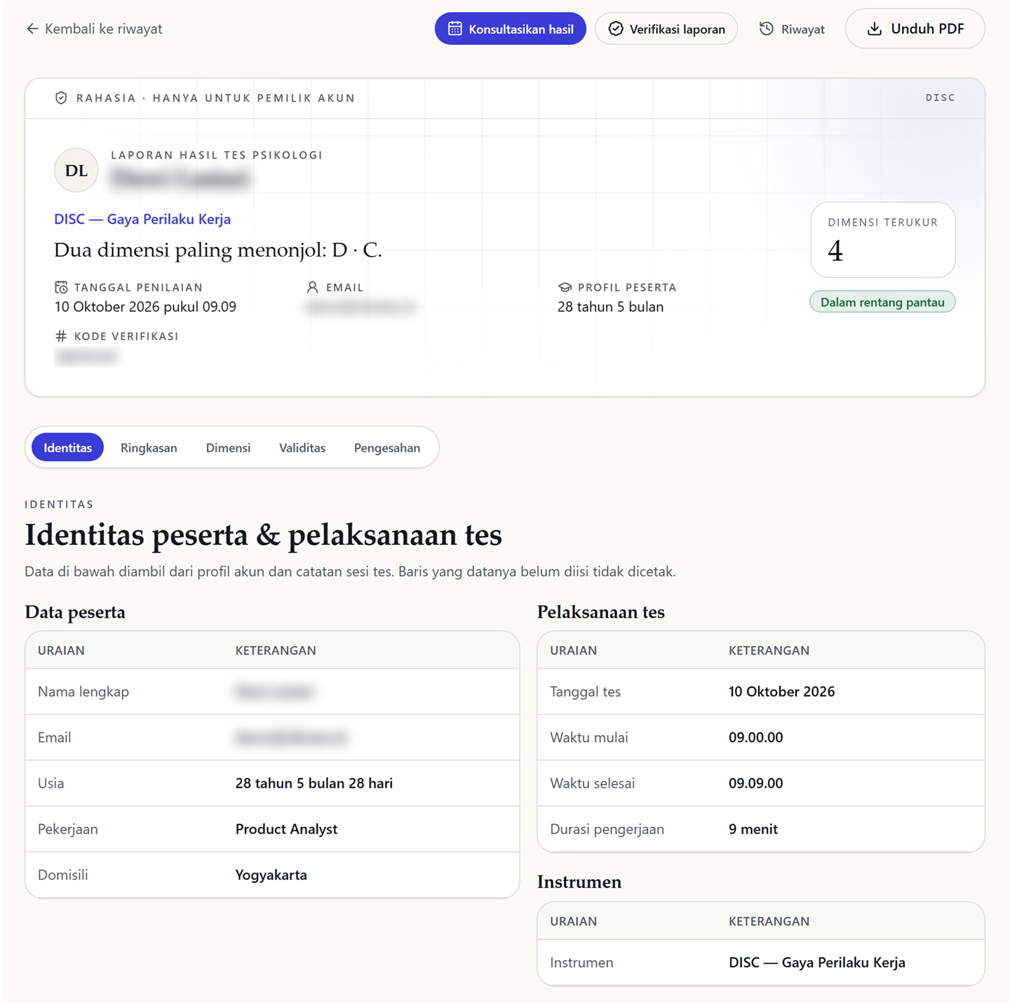 Halaman laporan dengan kop rahasia, nama peserta, kode verifikasi, tab Identitas, dan tabel data peserta serta pelaksanaan tes.