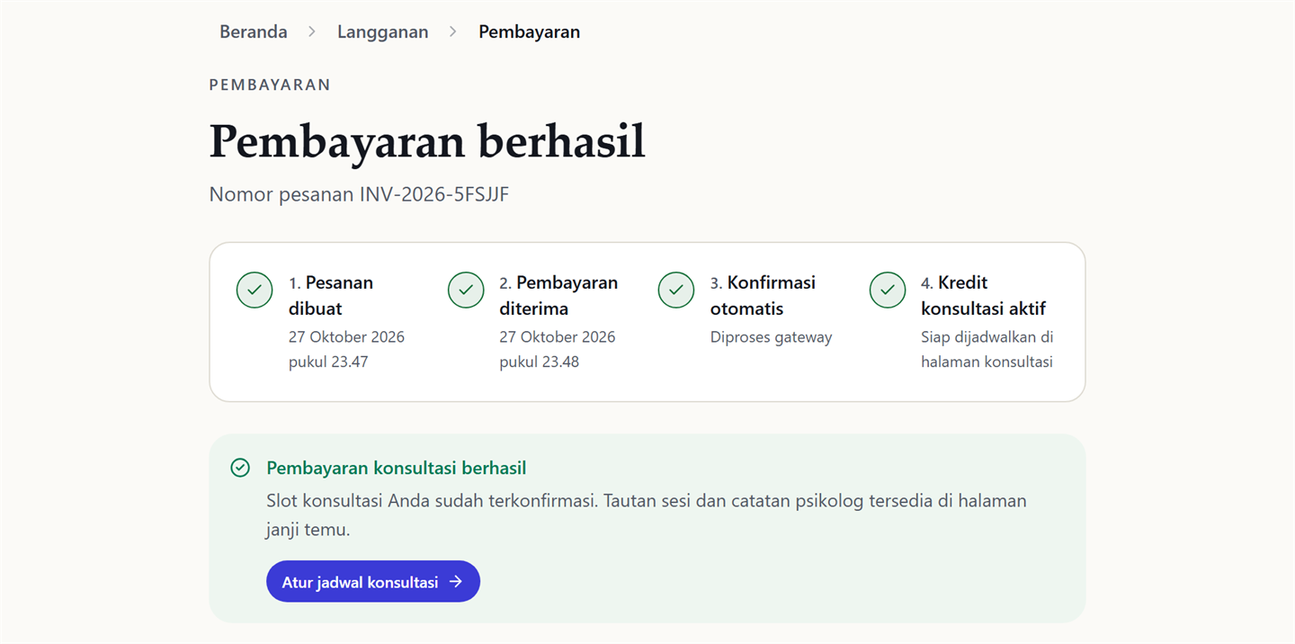 Halaman status pembayaran dengan empat langkah proses, ringkasan pembayaran, dan tombol unduh struk.
