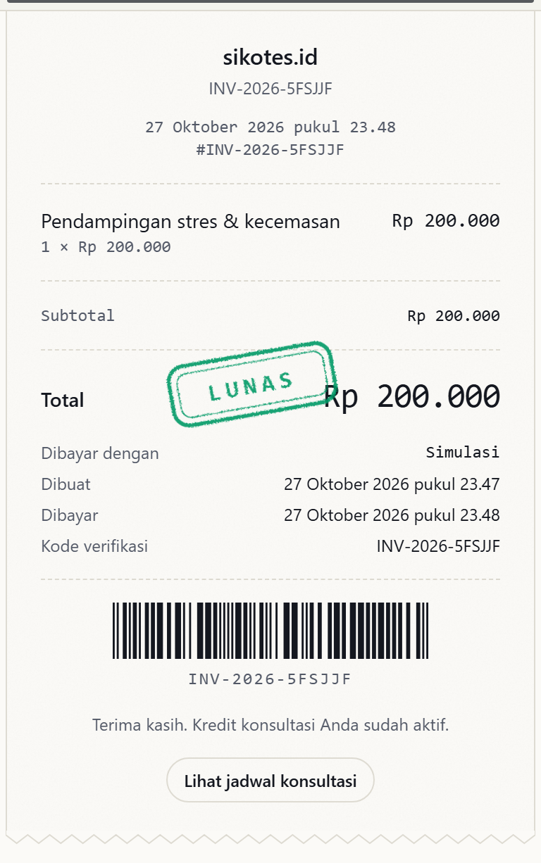 Struk pembayaran berisi nomor pesanan, rincian item, metode bayar, dan status lunas.